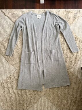 Light Gray Open-Front Long Cardigan with Pockets - Women